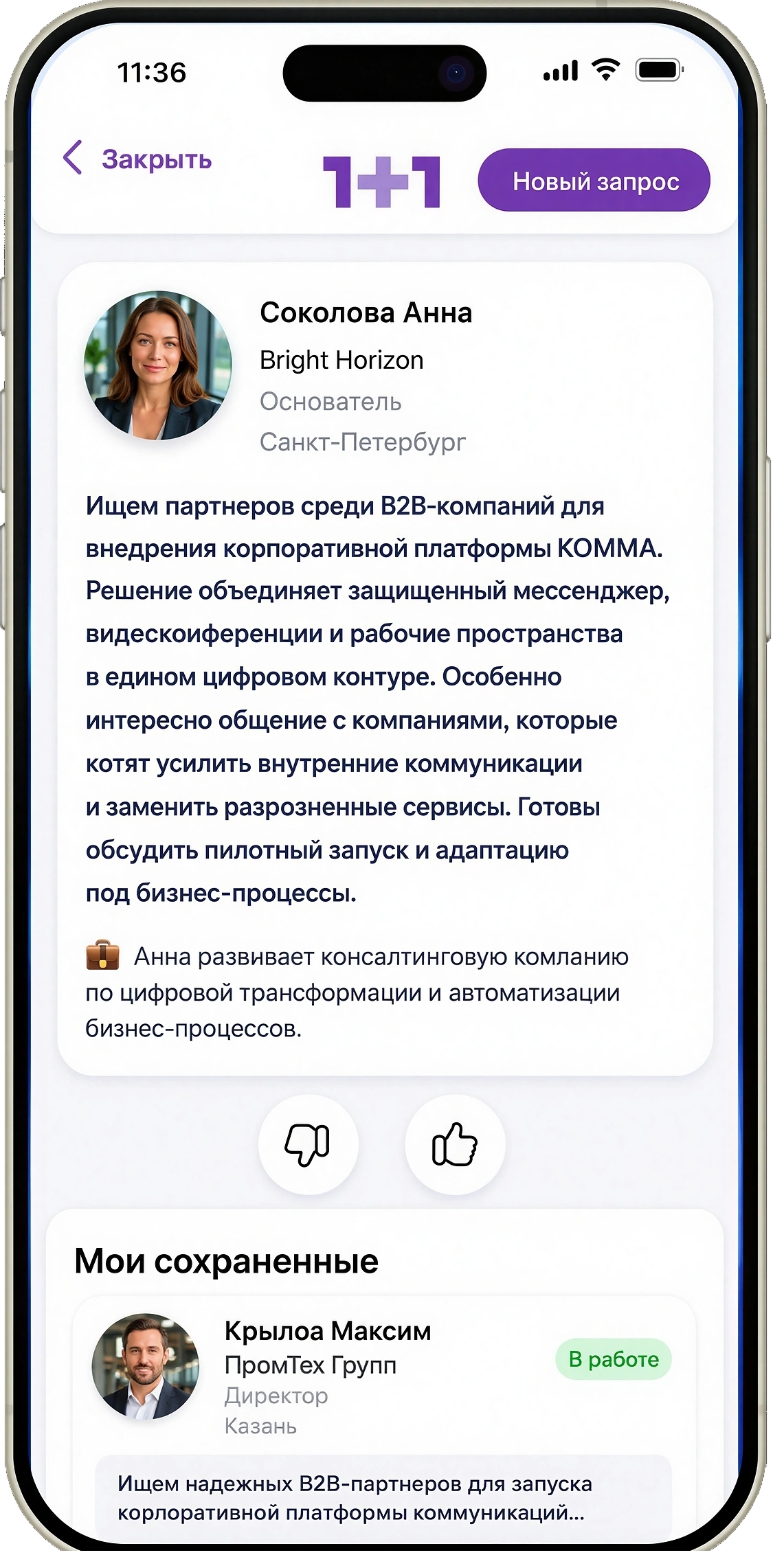 КОММА Максимальная: экран нового запроса 1+1